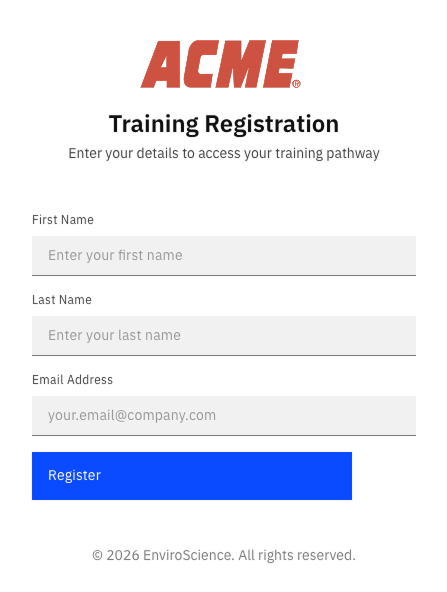 Custom-branded training registration page for workers