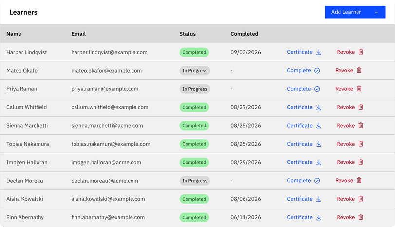 Corporate training portal learner dashboard showing completion status and certificates